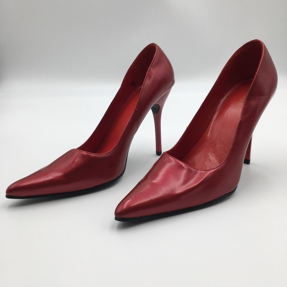 Vintage 4” Deep Red Fredericks of Hollywood Faux Leather Stilettos Size 10 👠🔥 - Picture 8 of 16